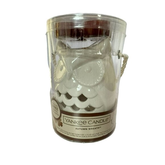 Yankee Candle White Ceramic Owl Luminary Tea Light Holder Autumn Wreath Candles - Picture 1 of 6